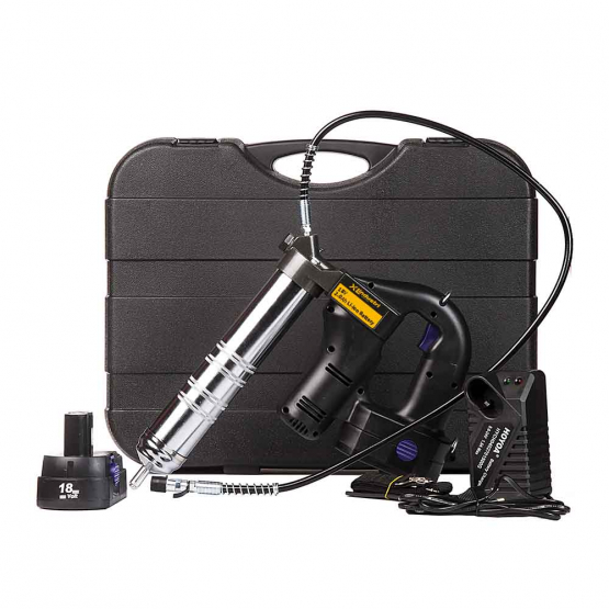 18 V Li-ion fettspruta P-0900-01 med vanligt fettrör, två batterier, snabbladdare och förvaringsväska