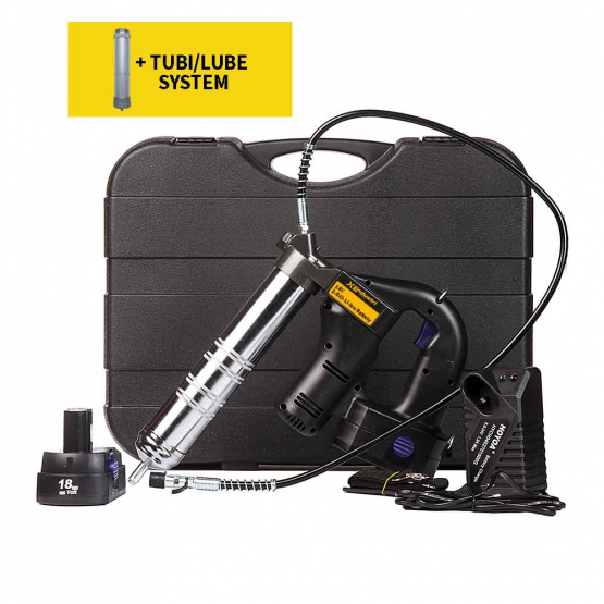 18 V Li-ion fettspruta P-0900-02 med Tubi-rör, vanligt fettrör, två batterier, snabbladdare och förvaringsväska